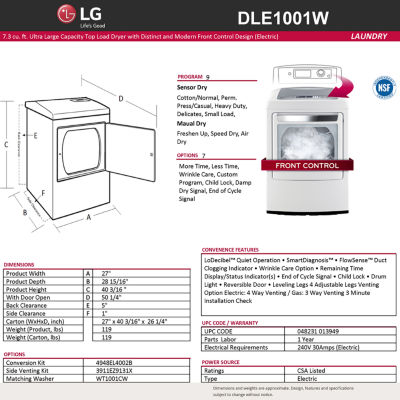 LG 7.3 cu.ft. Ultra-Large Capcacity High-Efficiency Electric Dryer with Front Control Design