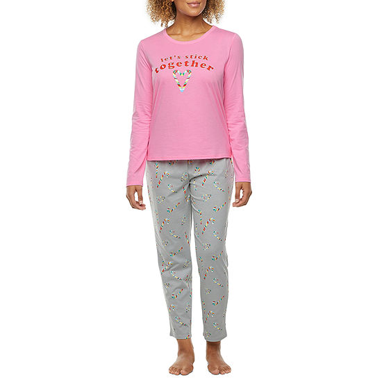 Sleep Chic Womens Crew Neck Long Sleeve 2-pc. Pant Pajama Set