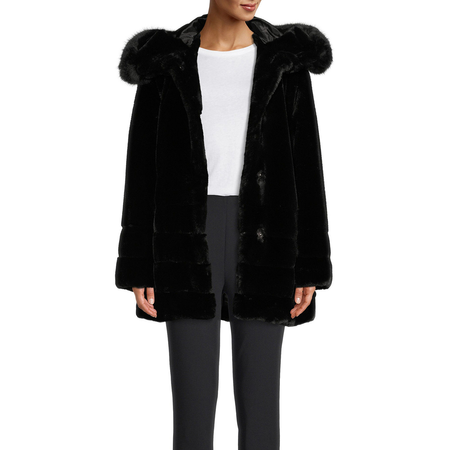 Miss Gallery Womens Hooded Heavyweight Faux Fur Coat, Color: Black ...