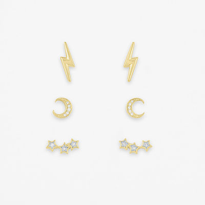 Diamond Addiction Diamond-Accent Natural Diamond 14K Gold Over SIlver or Sterling SIlver LIghtning Bolt Moon Star 3 Pair Earring Set