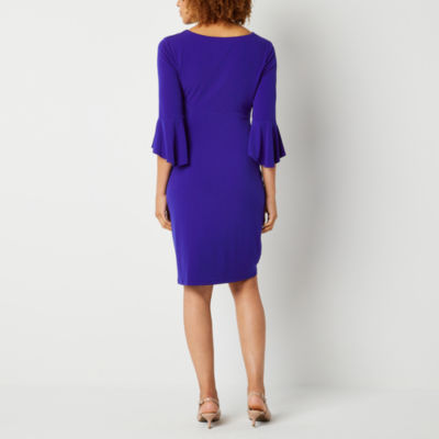 Connected Apparel Petite 3/4 Bell Sleeve Sheath Dress