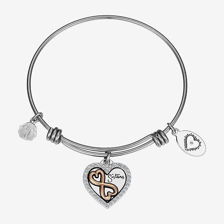 Footnotes Sister Womens Crystal Stainless Steel Heart Bangle Bracelet