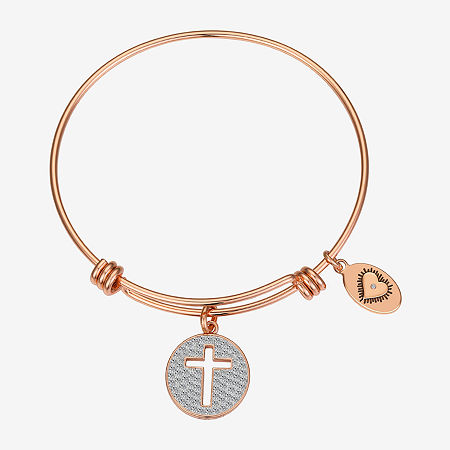 Footnotes Faith Hope Love Womens Crystal Rose Tone Stainless Steel Cross Bangle Bracelet