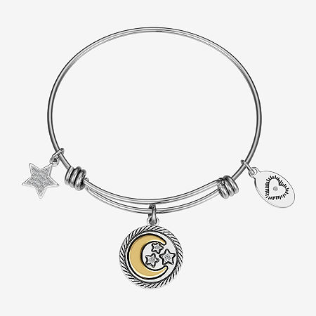 Footnotes Womens Crystal Stainless Steel Moon Round Star Bangle Bracelet