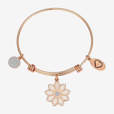 Footnotes Womens Crystal Rose Tone Stainless Steel Flower Bangle Bracelet