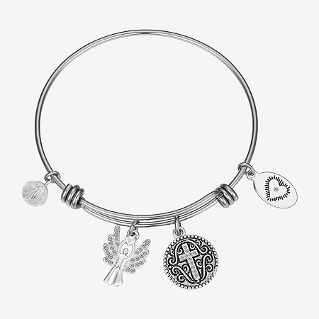 Footnotes Womens Crystal Silver Tone Stainless Steel Angel Cross Bangle Bracelet