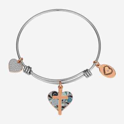 Footnotes Stainless Steel Semisolid Cross Heart Bangle Bracelet