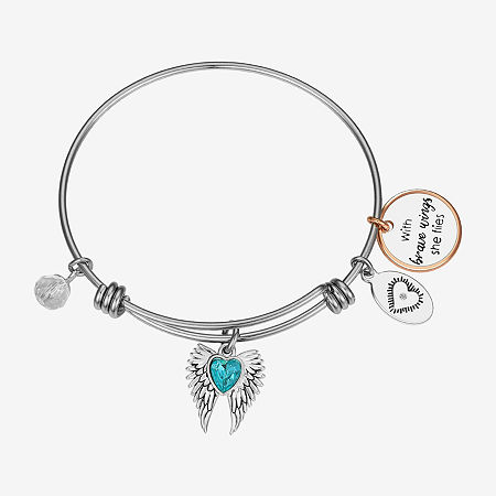 Footnotes Womens Blue Crystal Silver Tone Stainless Steel Heart Wing Bangle Bracelet