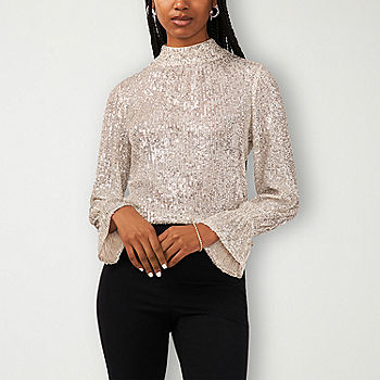 Sam And Jess Sequin Womens Mock Neck Long Sleeve Blouse