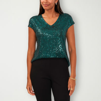 MSK Sequin Womens V Neck Short Sleeve Blouse