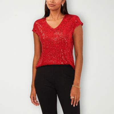 MSK Sequin Womens V Neck Short Sleeve Blouse