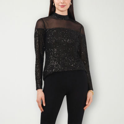 Sam And Jess Sequin Womens Mock Neck Long Sleeve Blouse