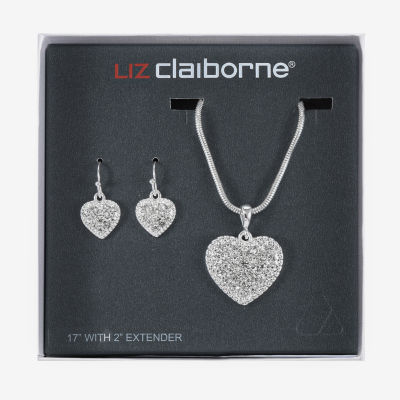 Liz Claiborne Pendant Necklace And Drop Earring Glass Silver Tone Heart 2-pc. Jewelry Set