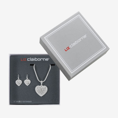 Liz Claiborne Pendant Necklace And Drop Earring Glass Silver Tone Heart 2-pc. Jewelry Set