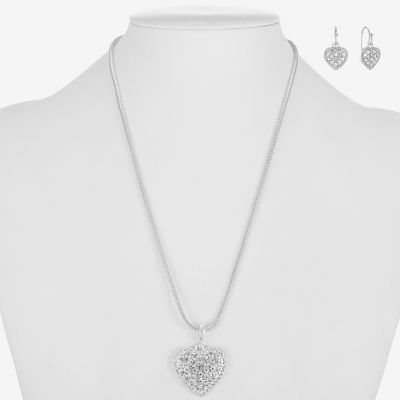 Liz Claiborne Pendant Necklace And Drop Earring Glass Silver Tone Heart 2-pc. Jewelry Set