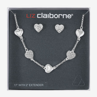 Liz Claiborne Collar Necklace And Stud Earring Glass Silver Tone Heart 2-pc. Jewelry Set
