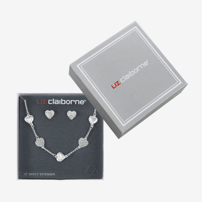 Liz Claiborne Collar Necklace And Stud Earring Glass Silver Tone Heart 2-pc. Jewelry Set