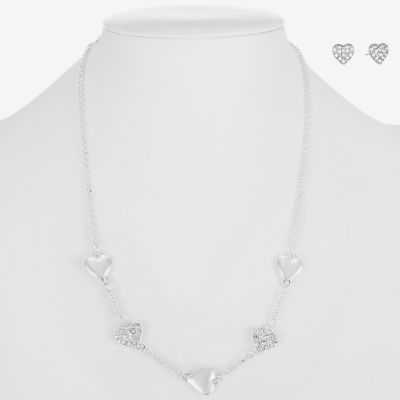 Liz Claiborne Collar Necklace And Stud Earring Glass Silver Tone Heart 2-pc. Jewelry Set