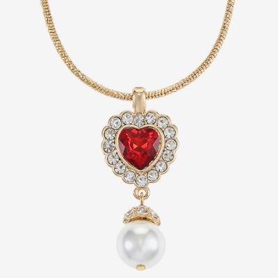 Monet Jewelry Womens Red Glass Simulated Pearl Zinc Heart Pendant Necklaces