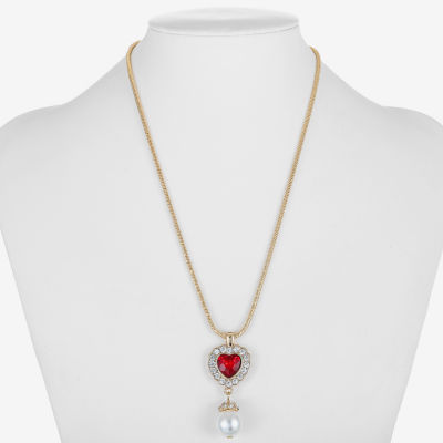 Monet Jewelry Womens Red Glass Simulated Pearl Zinc Heart Pendant Necklaces