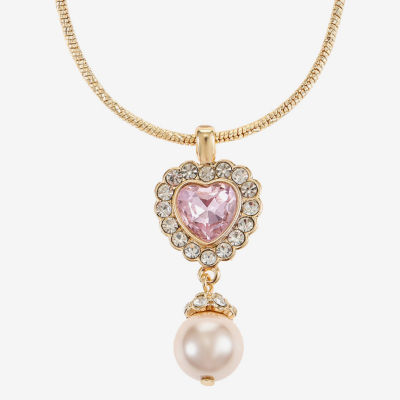 Monet Jewelry Womens Red Glass Simulated Pearl Heart 17 Inch Pendant Necklace