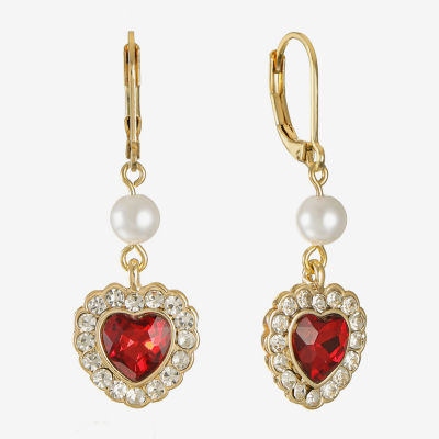 Monet Jewelry Red Glass Simulated Pearl Heart Drop Earrings
