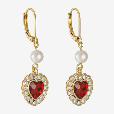 Monet Jewelry Red Glass Simulated Pearl Heart Drop Earrings