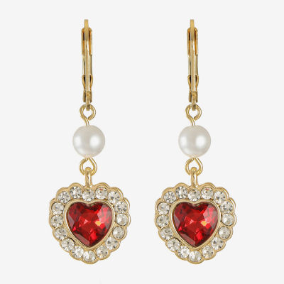 Monet Jewelry Red Glass Simulated Pearl Heart Drop Earrings