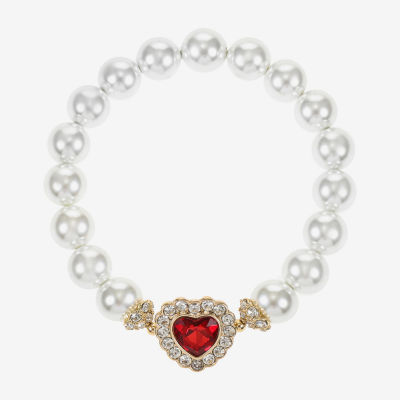 Monet Jewelry Red Glass Simulated Pearl Heart Stretch Bracelet