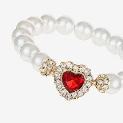 Monet Jewelry Red Glass Simulated Pearl Heart Stretch Bracelet