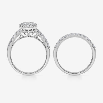 (I / I1) Womens 2 CT. T.W. Lab Grown White Diamond 10K White Gold Oval Side Stone Halo Bridal Set