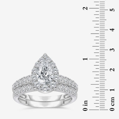 (I / I1) Womens 2 CT. T.W. Lab Grown White Diamond 10K Gold Pear Side Stone Bridal Set