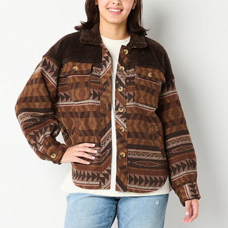 Arizona Plaid Shacket Midweight Womens Juniors Shirt Jacket, Small, Brown