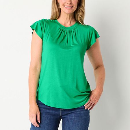 Liz Claiborne Womens Crew Neck Short Sleeve Blouse, X-small, Green