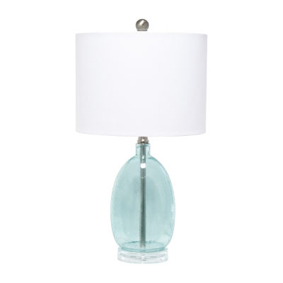 All the Rages Lalia Home Oval Glass With White Drum Shade Clear Blue Glass Table Lamp, Color