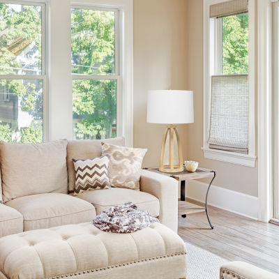 All the Rages Lalia Home Wooded Arch Farmhouse With White Fabric Shade Table Lamp