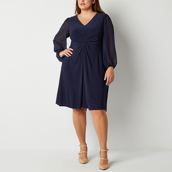 Jessica Howard Plus Long Sleeve Fit + Flare Dress, Color: Navy - JCPenney