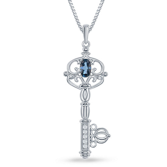 Enchanted Disney Fine Jewelry Genuine Blue Topaz And Diamond Accent "Cinderella" Sterling Silver Key Pendant Necklace
