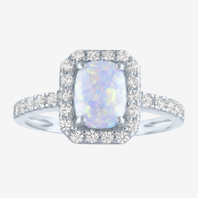Yes, Please! Womens Lab Created White Opal Sterling Silver Cushion Halo Cocktail Ring
