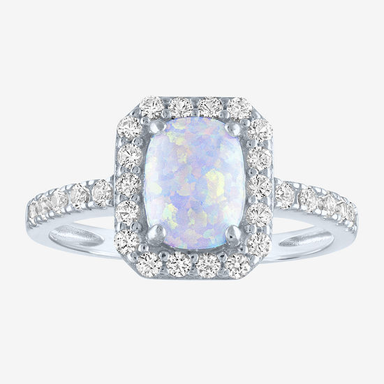 Limited Time Special!! Womens Lab Created White Opal Sterling Silver Cushion Halo Cocktail Ring