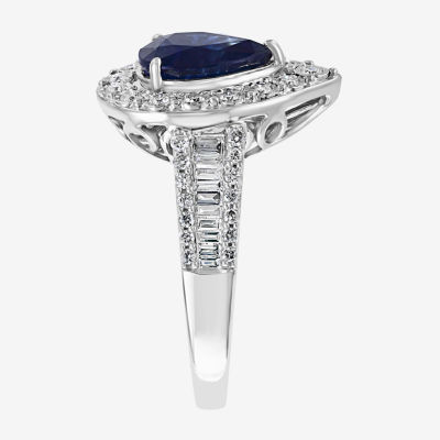 Effy Final Call Womens 1/2 CT. T.W. Diamond & Genuine Blue Sapphire 14K White Gold Pear Halo Cocktail Ring