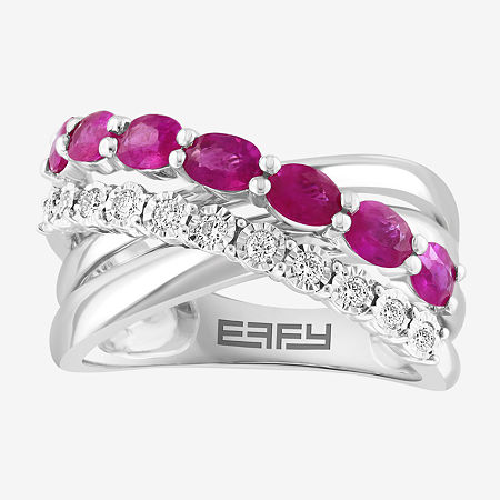 Effy 1/6 CT. T.W. Diamond & Genuine Red Ruby Sterling Silver Crossover Band, 7, Ruby -  27911490067