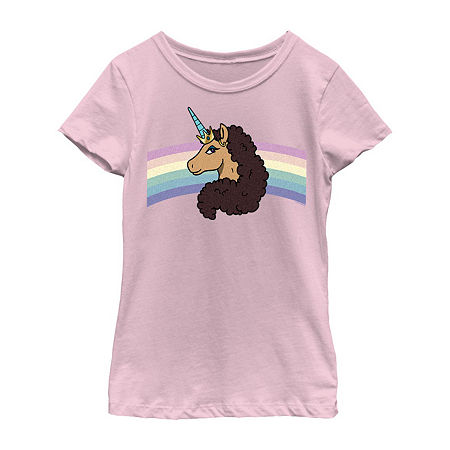 Little & Big Kid Girls Crew Neck Short Sleeve Regular Fit Afro Unicorn Graphic T-Shirt, X-large, Pink