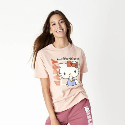 Juniors Happy Hello Kitty Womens Crew Neck Short Sleeve Graphic T-Shirt