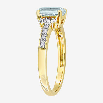 Womens Diamond Accent Genuine Blue Aquamarine 18K Gold Over Silver Oval Cocktail Ring