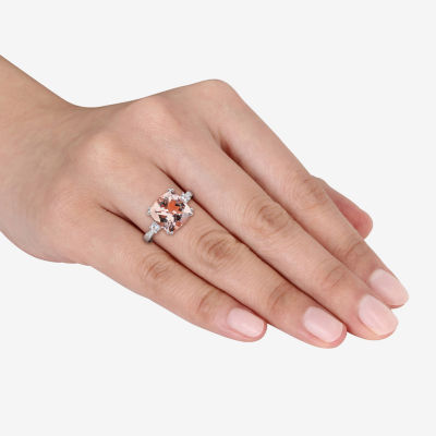 Womens Diamond Accent Genuine Pink Morganite 10K White Gold Cushion Cocktail Ring