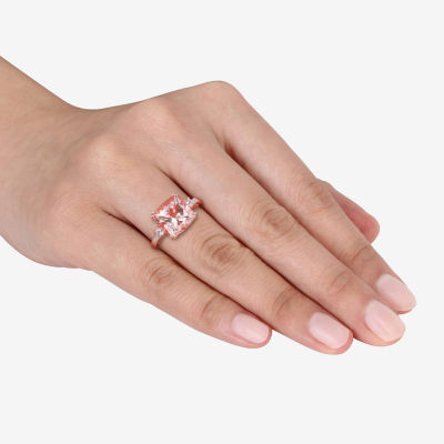 Womens Diamond Accent Genuine Pink Morganite 10K Rose Gold Cushion Cocktail Ring