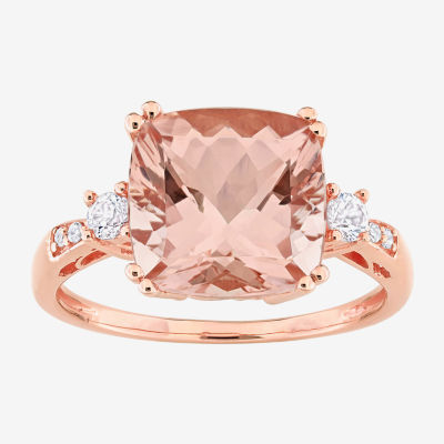 Womens Diamond Accent Genuine Pink Morganite 10K Rose Gold Cushion Cocktail Ring