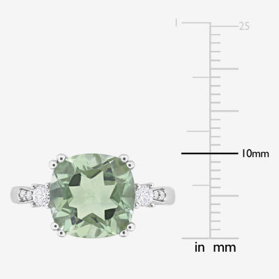 Womens Diamond Accent Genuine Green Quartz 10K White Gold Cushion Cocktail Ring