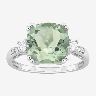 Womens Diamond Accent Genuine Green Quartz 10K White Gold Cushion Cocktail Ring